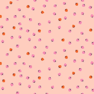 May include: A repeating pattern of pink and orange strawberries with green stems scattered on a light peach background. The strawberries are stylized with a simple, playful design, creating a cheerful and summery aesthetic.