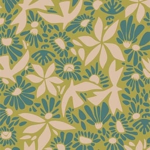 May include: A repeating pattern featuring stylized flowers and bird silhouettes in teal and beige against a light olive green background. The design has a flat, graphic quality, suitable for fabric or wallpaper.