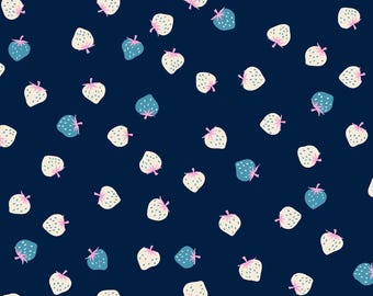 NAVY - Strawberry | Ruby Star Society - fabric, quilting cotton, navy blue/white/pink, berries, blender
