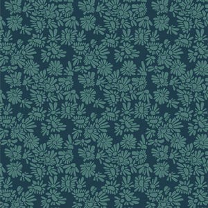May include: A seamless pattern featuring a dense arrangement of stylized teal-colored daisy-like flowers against a dark blue background. The floral design is repeated across the surface, creating a textured and visually engaging pattern suitable for various applications.