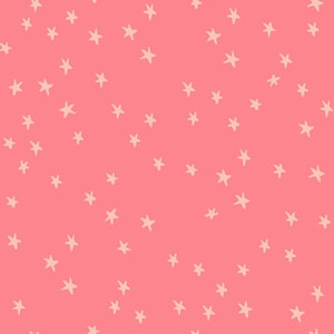 May include: A seamless pattern featuring a coral pink background scattered with hand-drawn, off-white stars. The stars are evenly distributed across the surface, creating a whimsical and playful design. This pattern is suitable for various applications, including fabric, wallpaper, and digital art.