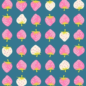 May include: A repeating pattern of stylized strawberries in pink and white with yellow-green stems and leaves on a teal background. The strawberries are evenly spaced and arranged in rows and columns.