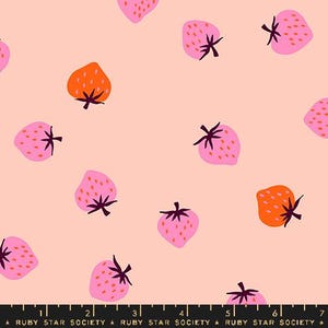 May include: A fabric with a repeating pattern of stylized strawberries in shades of pink and orange on a light peach background. The strawberries have dark green stems and seeds. The text "RUBY STAR SOCIETY" is at the bottom.