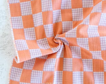 SUNSET - Checkmate Checkers | Fableism Supply Co - cotton yarn-dyed wovens, orange/salmon/peach/purple, check/gingham