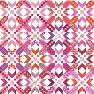 May include: A patchwork quilt with a repeating geometric pattern. The design features diamonds, squares, and chevrons in shades of pink, purple, and orange, set against a white background. Some blocks have floral patterns.