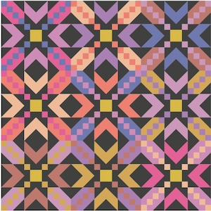 May include: Geometric pattern featuring repeating shapes in a variety of colors. The design includes diamonds, squares, and chevrons in shades of pink, purple, orange, yellow, and blue against a dark gray background. The overall effect is a vibrant and symmetrical design.