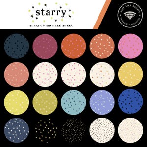 May include: A collection of colorful fabric swatches with a star pattern. The swatches are arranged in circles against a black background. The image includes the text "starry" and "ALEXIA MARCELLE ABEGG". A Ruby Star Society logo is in the upper right corner.