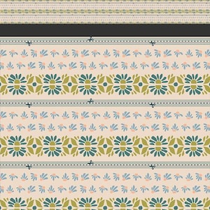 May include: Cream-colored fabric with a repeating floral pattern in teal, olive green, and peach. The design includes stylized flowers and leaves, with a dotted line and scissors graphic along the edges. The fabric is 44-45 inches wide.