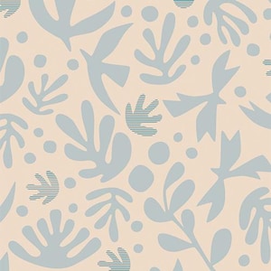 May include: A seamless pattern featuring light blue abstract shapes, including bird-like figures, leaves, and dots, against a soft peach background. The design has a modern, artistic feel, suitable for various applications.