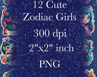 Cute Zodiac Girls Sticker, Bundle, Cute Girls Sticker, Sticker, Kawaii Stickers, Cute Stickers, Girly Stickers, Astrology Sticker, Zodiac