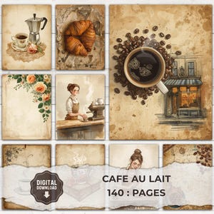 May include: A collection of digital art prints with a coffee and cafe theme. The prints feature images of coffee cups, croissants, coffee beans, a barista, and a cafe. The text "CAFE AU LAIT" and "140 : PAGES" is visible.