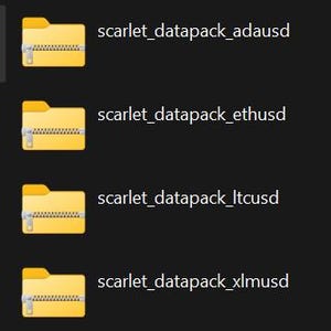 May include: A collection of zipped yellow folders labeled with the text "scarlet_datapack" followed by various currency pairs, such as "aaveusd" and "adausd", against a dark background.