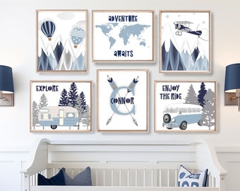 Adventure Nursery Art Baby Boy Travel Theme Nursery Decor Navy Blue Printable Wall Art Mountains Hot Air Balloon Name Airplane Print - AD09