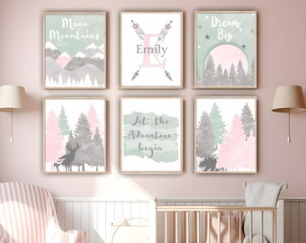 Baby Girl Woodland Nursery Decor Printable Pink Nursery Wall Art Deer Bear Mountains Forest Animals Adventure Baby Girl Name Print - WD46