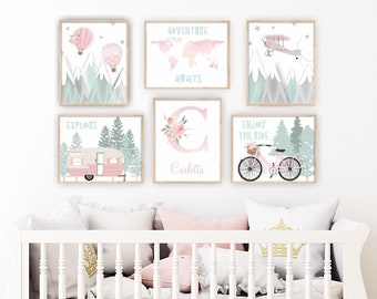 Adventure Nursery Art Baby Girl Travel Theme Nursery Decor Pink Printable Wall Art Mountains Hot Air Balloon Girl Name Airplane Print - AD08