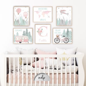 Aventure, chambre d'enfant, voyage, thème, décoration de chambre d'enfant, rose, impression d'art mural, montgolfière, nom de la jeune fille, impression d'avion - AD08