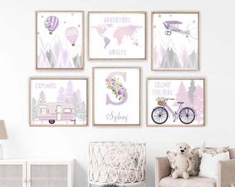 Adventure Nursery Art Baby Girl Travel Theme Nursery Decor Purple Lavender Printable Art Mountains Hot Air Balloon Airplane Prints - AD11