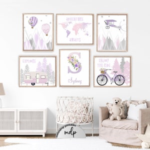 Aventure Nursery Art Baby Girl Travel Theme Nursery Decor Purple Lavender Printable Art Mountains Hot Air Balloon Airplane Prints - AD11