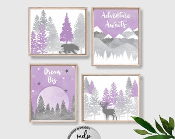 Baby Girl Woodland Nursery Decor Purple Lavender Printable Nursery Wall Art Deer Bear Forest Animals Adventure Awaits Dream Big Print - WD24