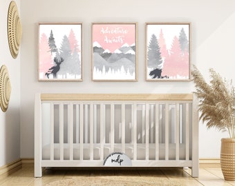 Baby Girl Woodland Nursery Decor Printable Pink Nursery Wall Art Deer Bear Mountains Forest Animals Bible Verse Scripture Prints - WD12