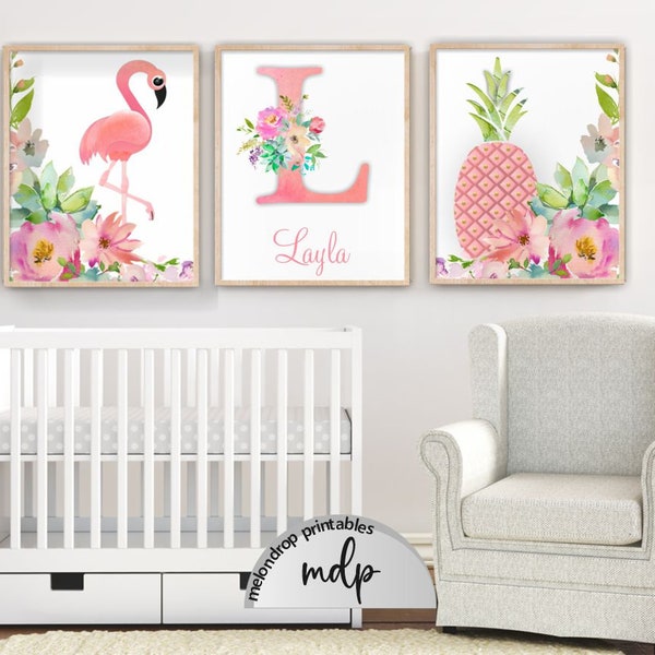 Tropical Nursery Art, Pink Flamingo Baby Girl Nursery Girls Room Wall Art, Flamingo Printable, Pineapple, Girl Name, Tropical Flowers - OP03