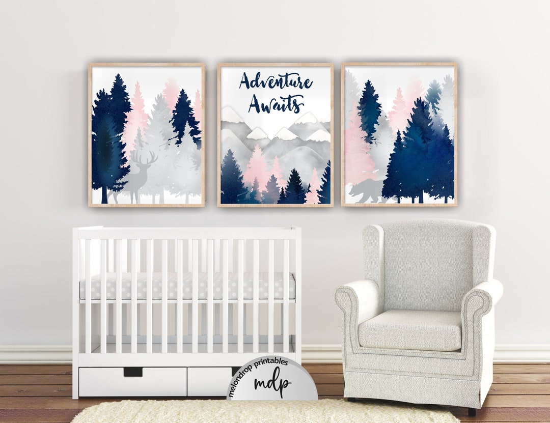 Woodland Nursery Decor Girl Room Pink Navy Nursery Wall Art Deer Bear ...