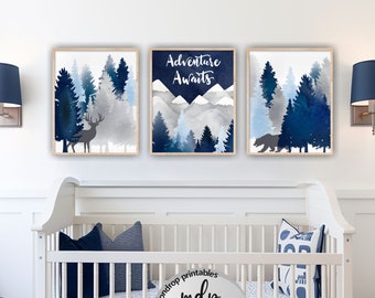 Printable Woodland Nursery Decor Boy Room Wall Art Deer Bear Forest Animals Print Set Adventure Awaits Woodland Theme Bedroom Prints - WD16