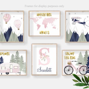 Adventure Nursery Art Baby Girl Travel Theme Nursery Decor Blush Navy Printable Mountains Hot Air Balloon Girl Name Airplane Print - AD24
