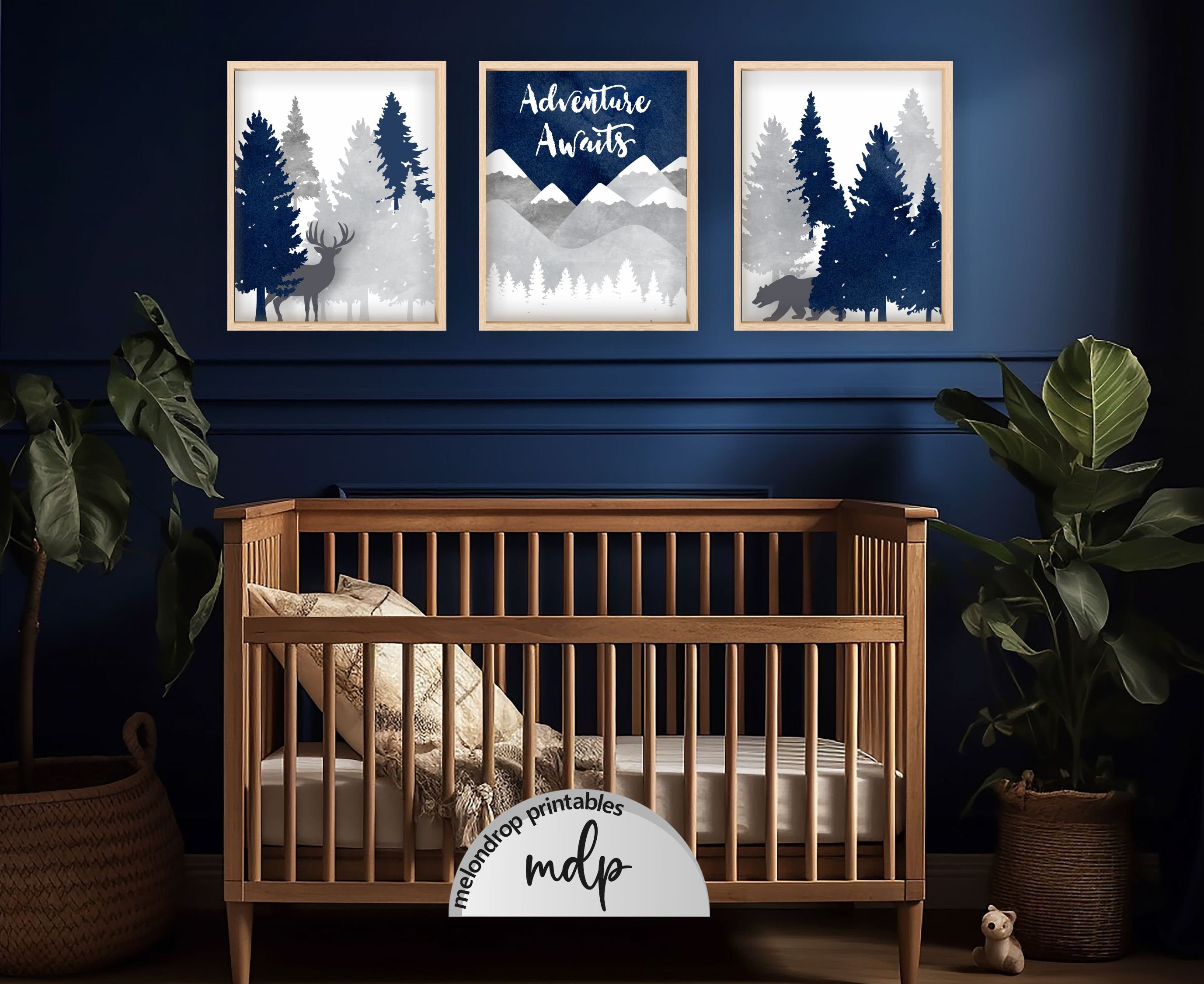 Woodland Nursery Decor Boy Room Printable Wall Art Deer Bear Forest Animals Print Navy Adventure Awaits Woodland Theme Bedroom Prints - WD55