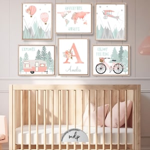 Adventure Nursery Art Baby Girl Travel Theme Nursery Decor Peach Blush Printable Wall Art Mountains Hot Air Balloon Airplane Prints - AD04