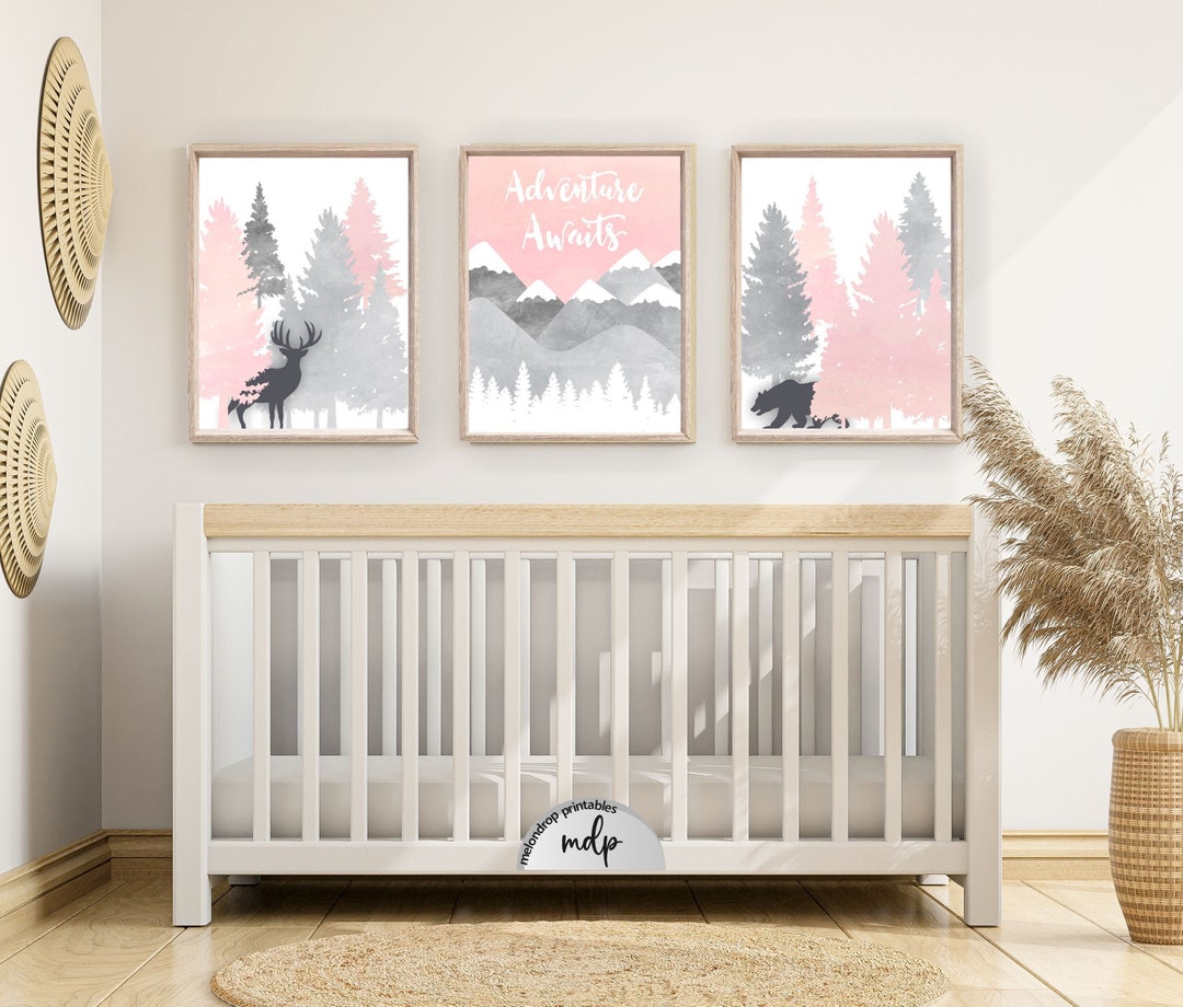 Baby Girl Woodland Nursery Decor Printable Pink Nursery Wall Art Deer ...