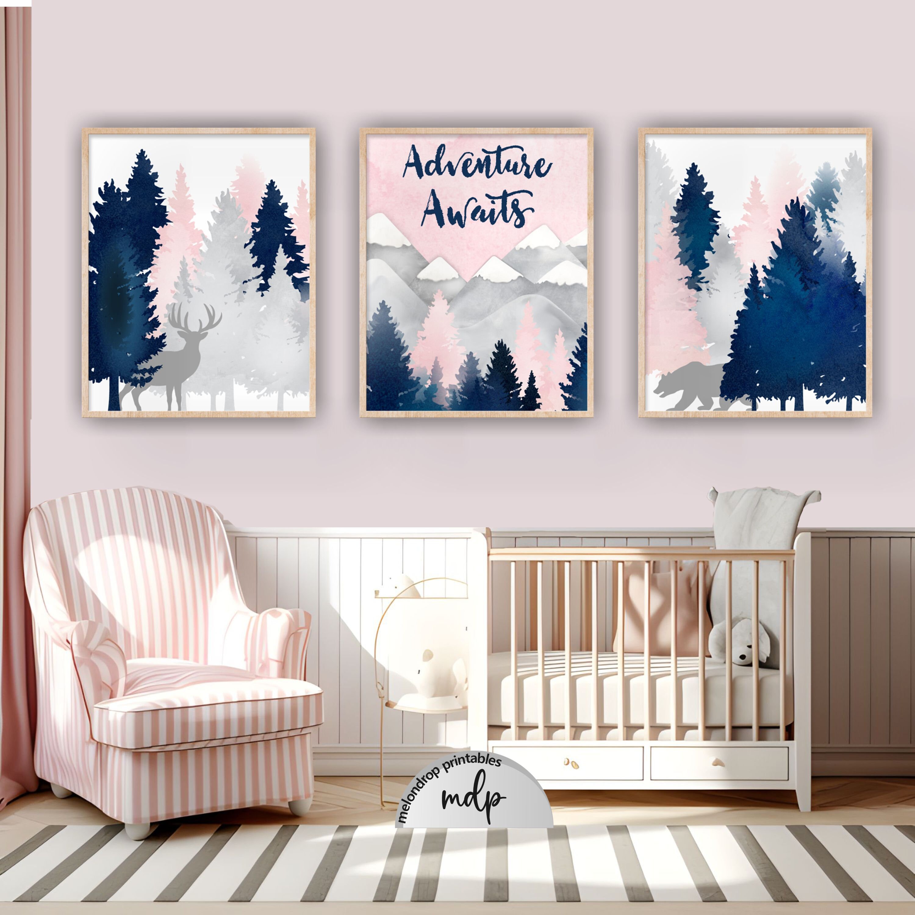 Woodland Nursery Decor Girl Room Pink Navy Nursery Wall Art Deer Bear ...