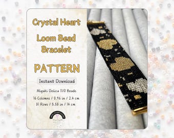 May include: A digital download pattern for a loom beaded bracelet with a crystal heart design. The bracelet is made with Miyuki Delica 11/0 beads and measures 0.96 inches wide and 5.58 inches long.
