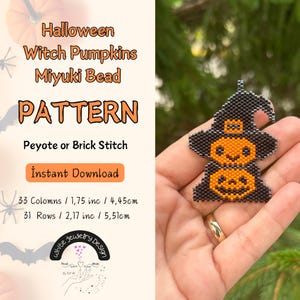 Könnte beinhalten: Halloween-Hexen-Kürbis-Miyuki-Perlenmuster, Peyote- oder Ziegelstich, Sofort-Download, 33 Spalten / 1,75 Zoll / 4,45 cm, 31 Reihen / 2,17 Zoll / 5,51 cm