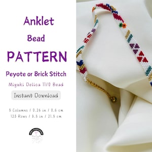 May include: Anklet bead pattern for peyote or brick stitch using Miyuki Delica 11/0 beads. The pattern is for an anklet that is 8.5 inches long and 0.26 inches wide. Instant download.