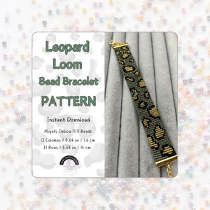 May include: A digital download pattern for a leopard print loom beaded bracelet. The pattern is for a bracelet that is 0.64 inches wide and 5.58 inches long. The pattern uses Miyuki Delica 11/0 beads.