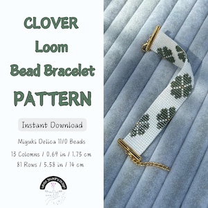 May include: A white and green beaded bracelet with a clover pattern. The bracelet is made with Miyuki Delica 11/0 beads and measures 0.69 inches wide and 5.58 inches long. The bracelet is made with a loom and has a gold clasp.