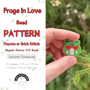May include: A green frog with a red bow tie bead pattern for peyote or brick stitch using Miyuki Delica 11/0 beads. The pattern is 1.11 inches wide and 1.06 inches tall.