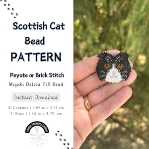 Wzór na koraliki dla kota Scottish Fold – ścieg peyote lub brick w formacie PDF, koraliki Miyuki Delica 11/0, uroczy prezent dla miłośnika kotów DIY, wzór na koraliki ze zwierzętami