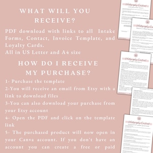 May include: A pink and white document with the text "WHAT WILL YOU RECEIVE?" and "HOW DO I RECEIVE MY PURCHASE?" is displayed. The document includes links to Intake Forms, Contact, Invoice Template, and Loyalty Cards. Also included are several photography contract templates.