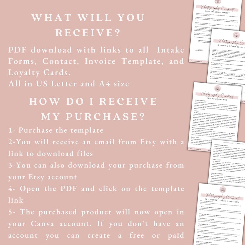 May include: A pink and white document with the text "WHAT WILL YOU RECEIVE?" and "HOW DO I RECEIVE MY PURCHASE?" is displayed. The document includes links to Intake Forms, Contact, Invoice Template, and Loyalty Cards. Also included are several photography contract templates.
