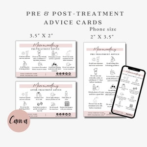 May include: Two pink and white printable cards with black text and illustrations provide pre and post treatment advice for microneedling. The cards are 3.5 inches by 2 inches. A smaller phone-sized card is also shown, measuring 2 inches by 3.5 inches.