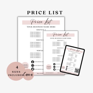 May include: A pink and white price list template for a business. The template is available in four sizes and can be edited in Canva. The template includes a place for your business name, service descriptions, and prices. It also includes social media icons and a QR code.