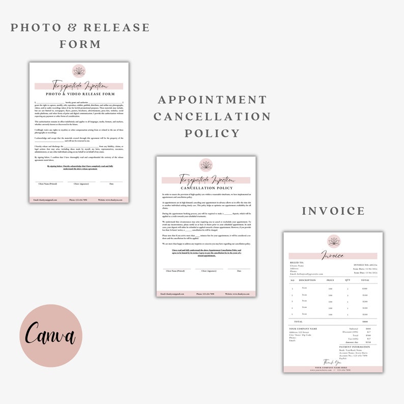 Puede incluir: Un documento rosa y blanco con el t&iacute;tulo "The Gepatide Injection" y el texto "Photo & Video Release Form". El documento incluye una pol&iacute;tica de cancelaci&oacute;n para las citas. Tambi&eacute;n se muestra un segundo documento con el t&iacute;tulo "Invoice".