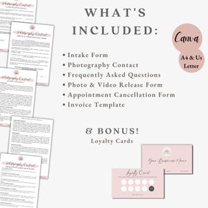 May include: A digital product bundle with photography contract templates, intake forms, and loyalty cards. The text includes "What's Included" and "Canva A4 & US Letter". The color scheme is white and blush pink.