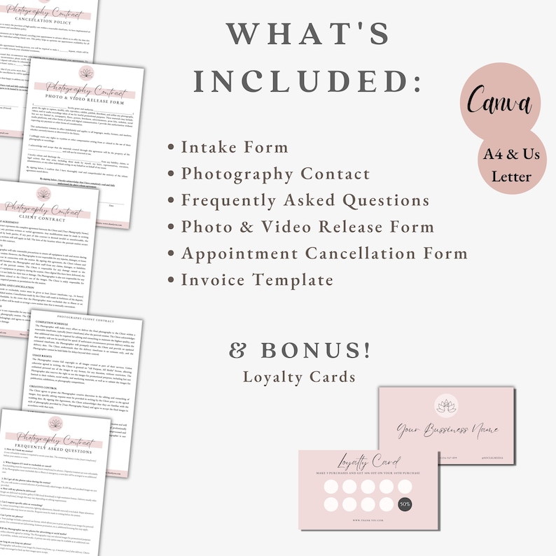 May include: A digital product bundle with photography contract templates, intake forms, and loyalty cards. The text includes "What's Included" and "Canva A4 & US Letter". The color scheme is white and blush pink.
