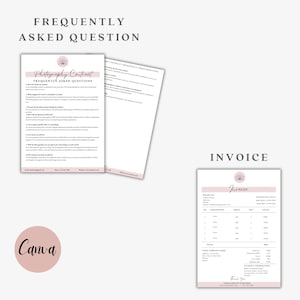 May include: A light pink and white photography contract and invoice template. The contract includes the text "Frequently Asked Question" and the invoice includes the text "Invoice". A pink Canva logo is in the lower left corner.