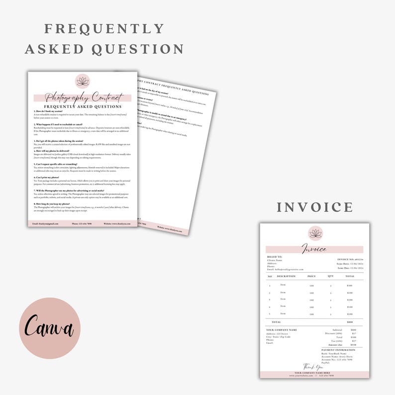 May include: A light pink and white photography contract and invoice template. The contract includes the text "Frequently Asked Question" and the invoice includes the text "Invoice". A pink Canva logo is in the lower left corner.