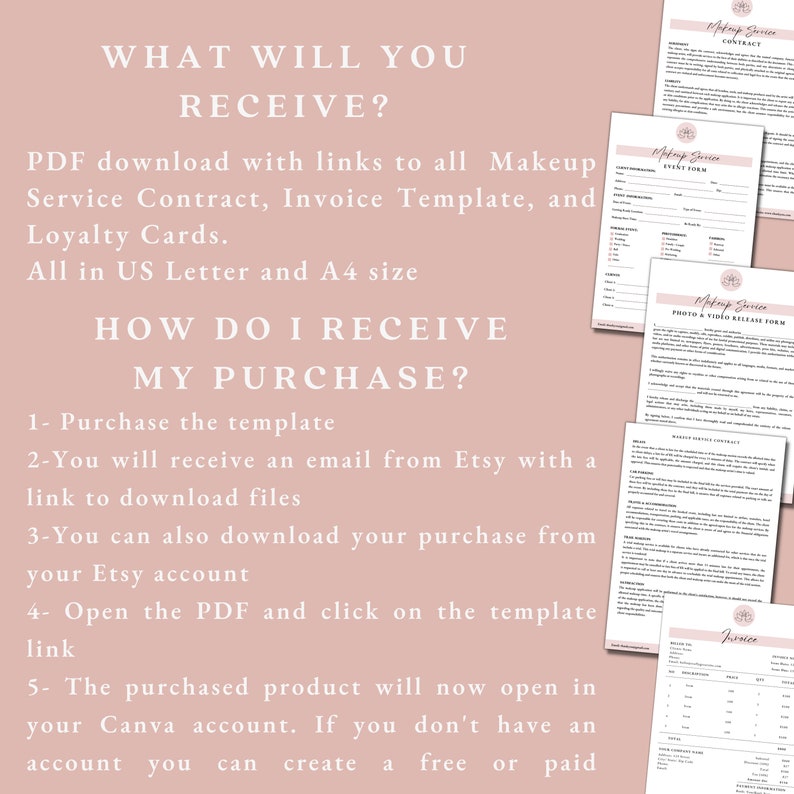 May include: A pink background with white text explaining how to receive a digital download of a makeup service contract, invoice template, and loyalty cards. The text says "What will you receive?" and "How do I receive my purchase?" The image also shows four different printable forms for a makeup service, including a contract, event form, photo and video release form, and a waiver and dental consent form.