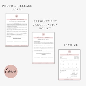 Puede incluir: Un documento imprimible rosa y blanco con el texto "Photo & Release Form", "Appointment Cancellation Policy" y "Invoice". El documento incluye un logotipo con una flor rosa y el texto "Manicure & Pedicure".
